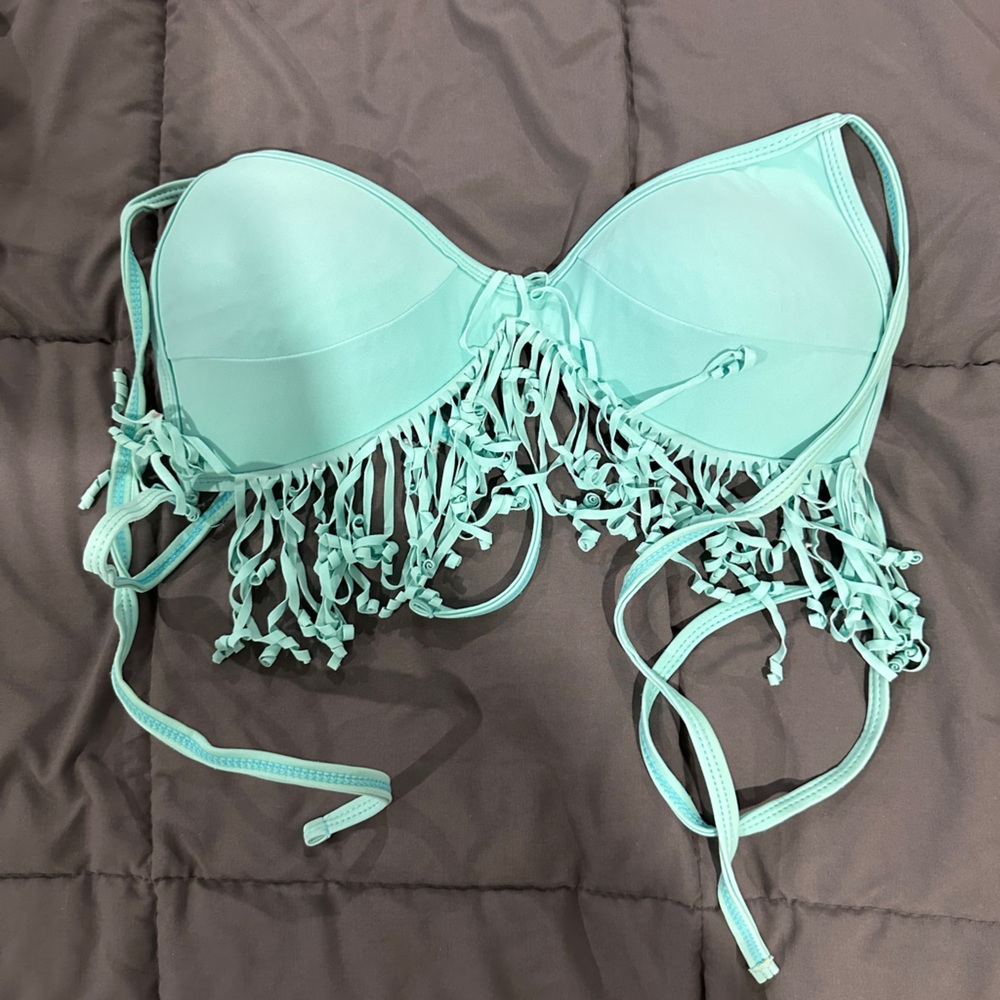 Teal bathing suit bikini fringe top.